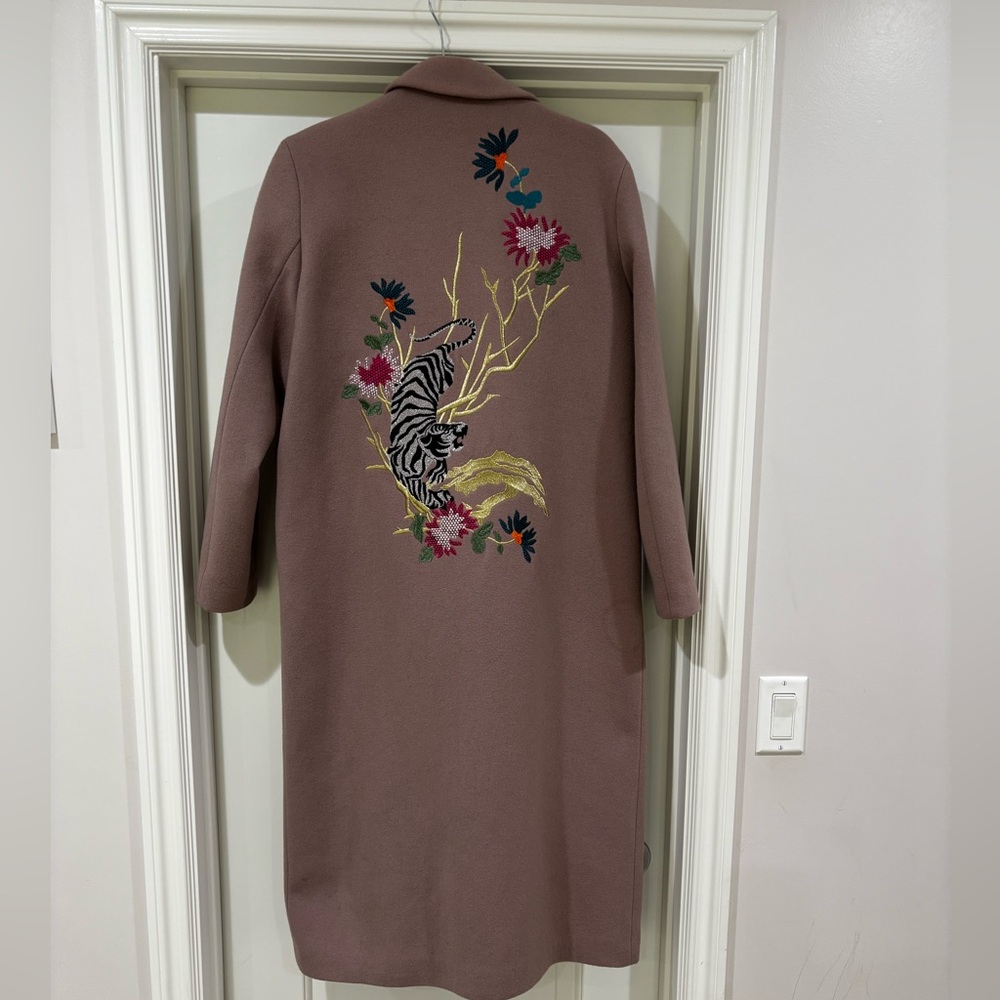Topshop Tokyo Embroidered Long Wool Coat In Mauve US Size 10
